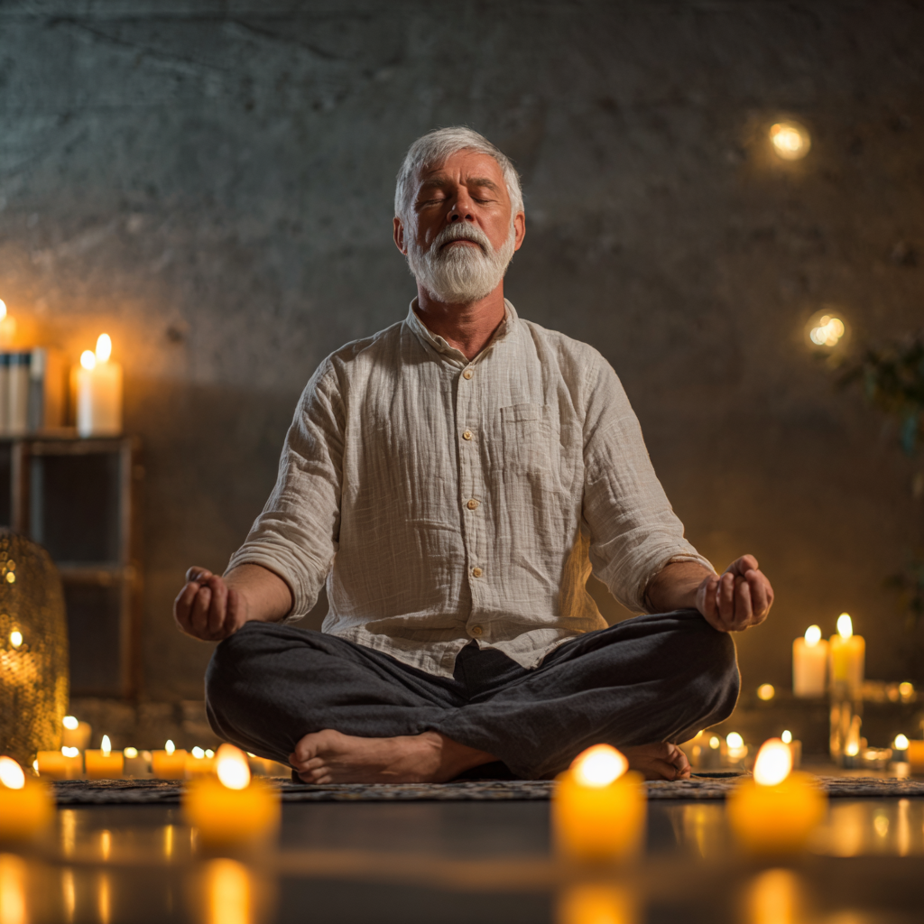Чоловік 60 років медитує у позі лотоса в тихій кімнаті з свічками
