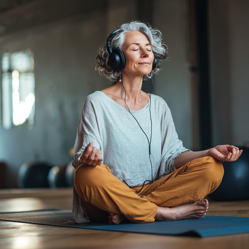 Жінка 55 років слухає медитацію у навушниках, сидячи на килимку для йоги